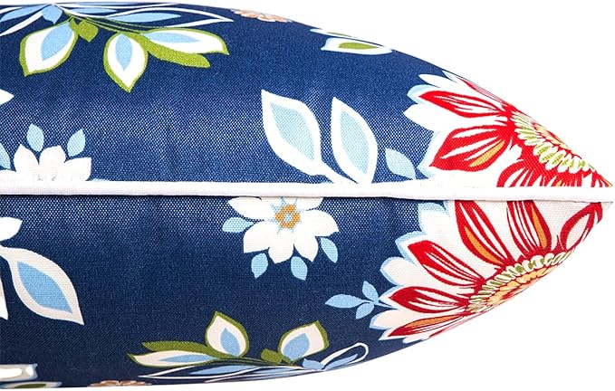 JMGBird Water-Resistant Outdoor Pillows Set of 2, 12x20 inch Durable Red Flowers Blue Background Throw Pillows with Inserts for Patio Furniture