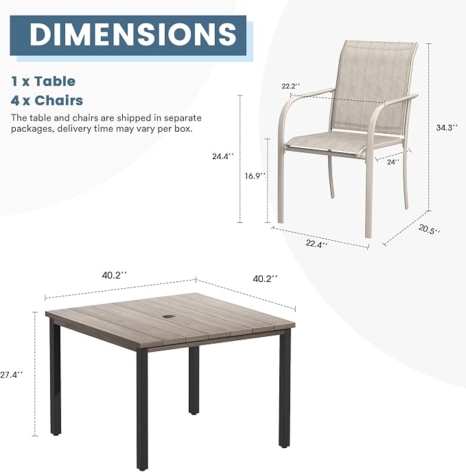 DIFY 5 Pieces Outdoor Patio Dining Set for 4, 40.2" Grey Wood-Like Square Metal Dining Table and 4 Sandshell Stackable Textilene Patio Chairs, Outdoor Table and Chairs for Backyard Garden Poolside - Image 8