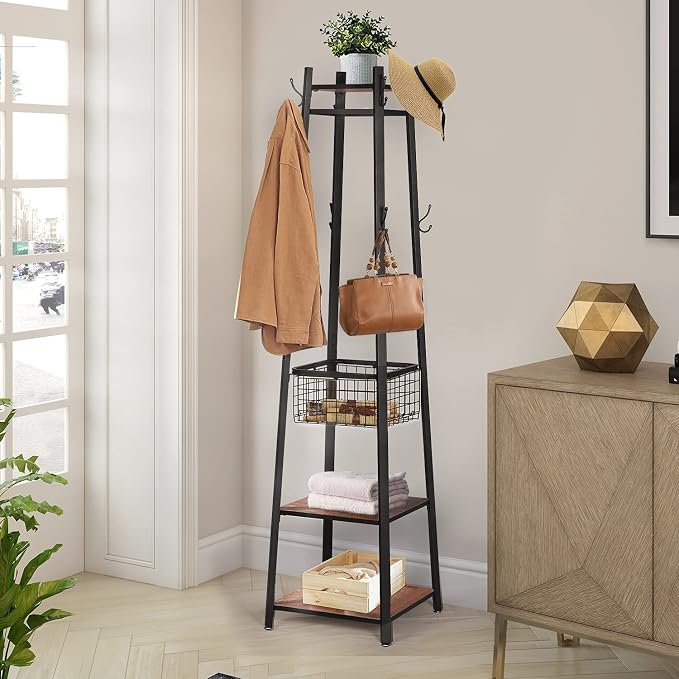 VECELO Coat Rack Freestanding, Entryway Hanger Stand, Umbrella Holder, Hall Tree With Hooks, Floor Standing Metal Tree Stand,Brown - Image 3