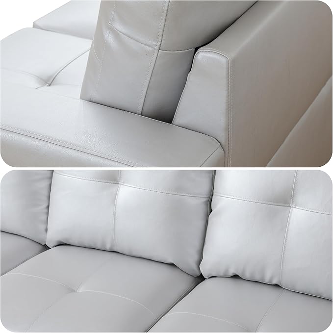 103.5 Inch Modern L-Shaped Couch, PU Leather Sectional Sofa with Chaise Lounge, 4-Seater Couch with Accent Pillows for Living Room, Apartment, Silver Grey