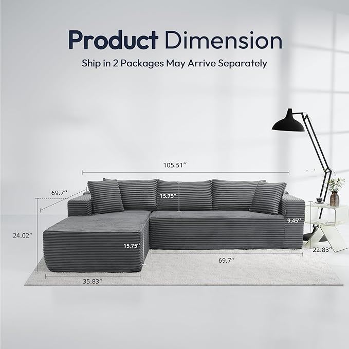 Cloud Sectional Couch, 105" Modular Sectional Sofa with Right Chaise Lounge, Modern Modular L-Shape Sofa with Pillows & Deep Seat, Boneless Couches for Living Room Bedroom, Dark Grey