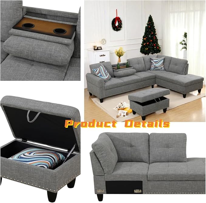 FONTOI L Shaped Sectional Couch with Otttoman, 97" Sectional Sofa for Living Room Flannel Modular Couches with Cup Holders for Bedroom, Apartments, Grey