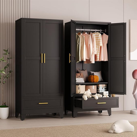 Metal Armoire Wardrobe Closet Storage Cabinet with 2 Doors Black, 71'' Wardrobe Cabinet with Hanging Rod Metal Closet with Adjustable Shelf and Drawer for Bedroom, Laundry Room, Cloak Room