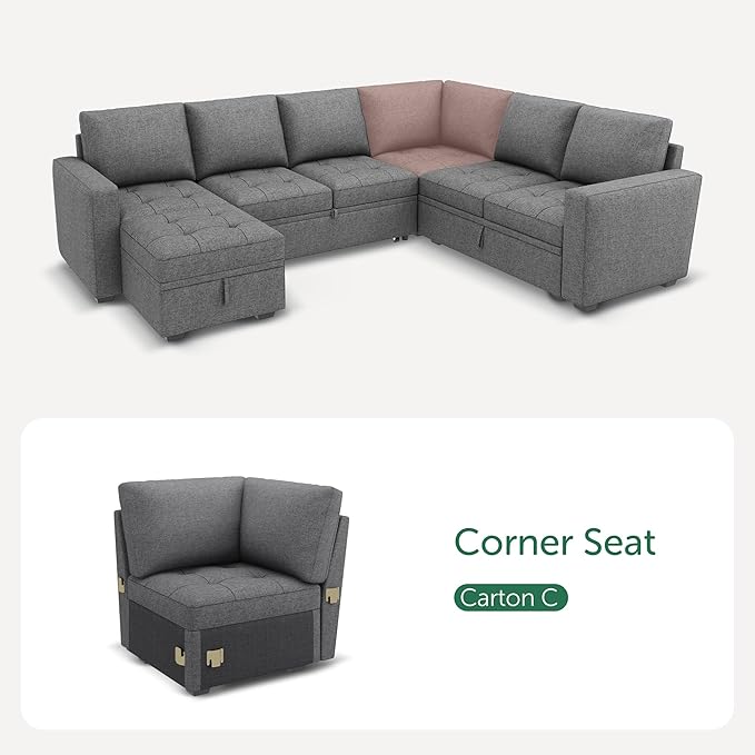 HONBAY Modular Sectional Sleeper Sofa with Pull Out Bed, Corner Seat for Sectional Couch, Grey