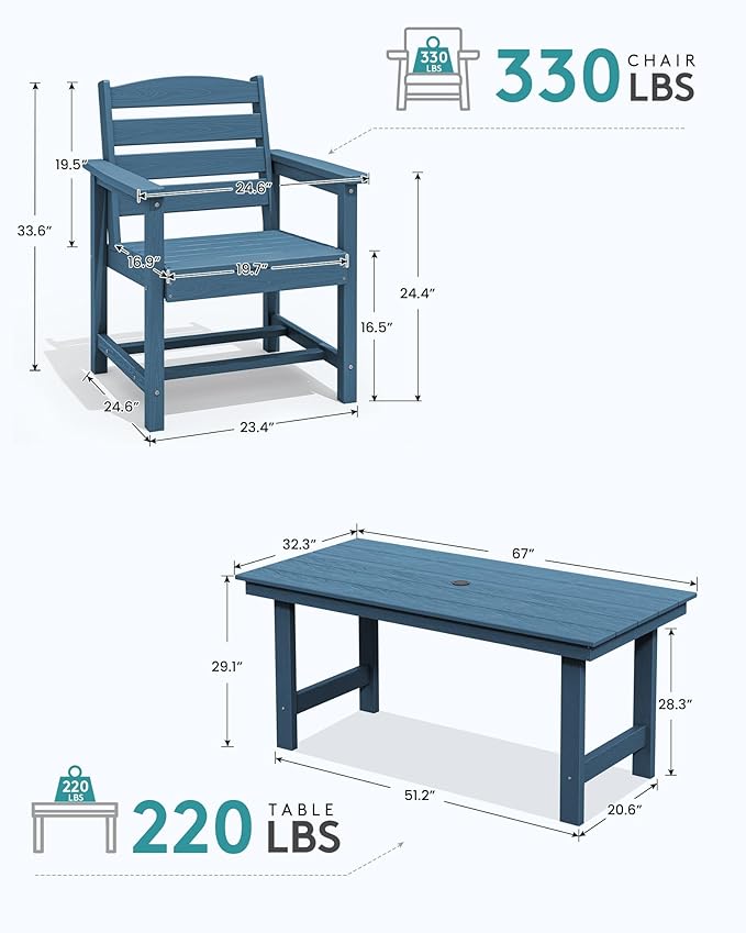 SERWALL Patio Dining Table and Bench Set for 6, Blue - Image 4
