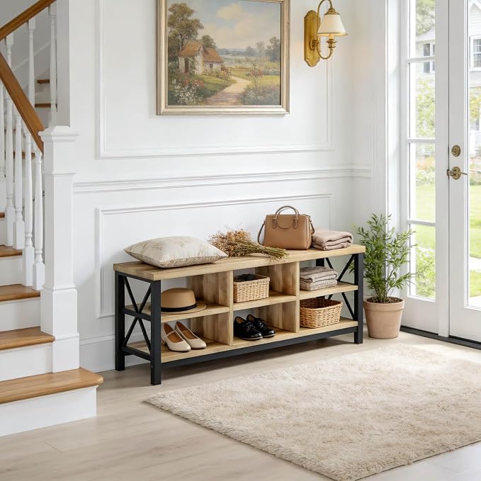 FATORRI Shoe Bench Entryway with Storage, Industrial Wood and Metal Hallway Benches with Adjustable Shelves, Rustic Entry Way Bench for Living Room (47.24 Inch Long, Rustic Oak) - Image 7
