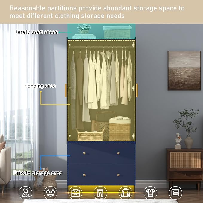 chartustriable 2 Doors Armoire Wardrobe Closet with Mirror, LED Closet with Doors and Drawers, Wooden Wardrobe Storage Cabinet with Hanging Rod, Small Armoire, Black