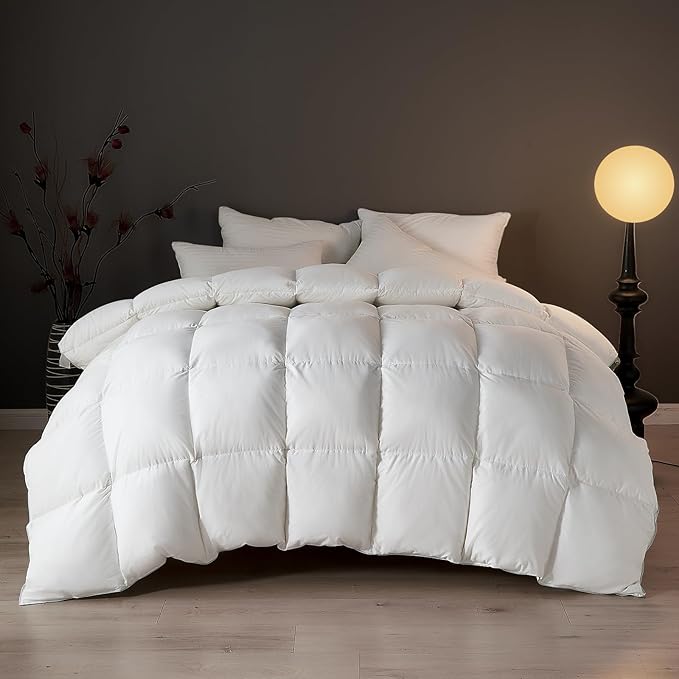 DWR Superior Luxury Feather Down Comforter Oversized Full/Queen Size, Ultra-Soft Rose-Silk Cotton-Blend Fabric, High FP All Season Medium Warmth Bed Duvet Insert(98"x98", White)