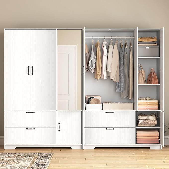 72'' Fluted Armoire Wardrobe Closet with Mirror Door and 2 Drawers,Tall Bedroom Armoire Wardrobe Cabinet with Hanging Rod,Wooden Bedroom Closet with 4 Adjustable Shelves (White)