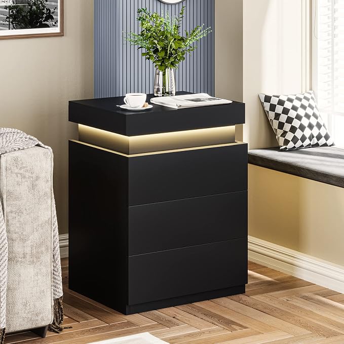 ADORNEVE Nightstand with Charging Station and LED Lights,Night Stand with Sliding Top,Bedside Table with Drawers,Modern End Side Table for Bedroom,Black - Image 7