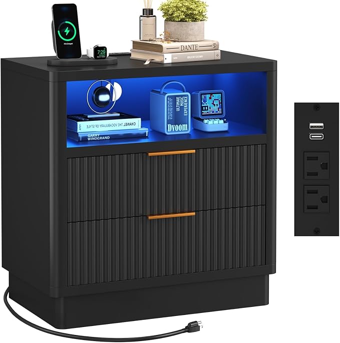ELYKEN 24" Black Nightstand with Charging Station and LED Lights, Fluted Night Stands with 2 Drawers and Open Shelves, Wood LED Bedside Table with 3 Drawers USB for Bedroom - Image 7