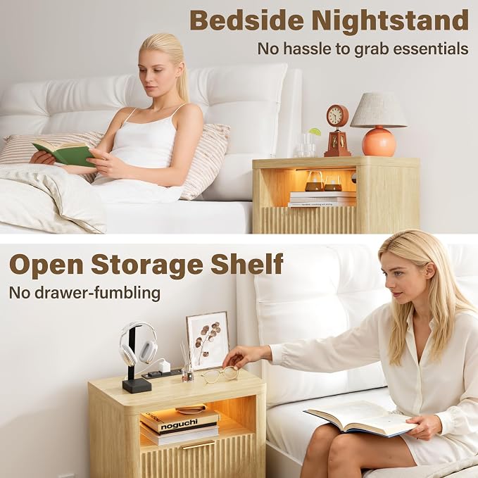 YESHOMY Fluted Nightstands Set of 2 with Charging Station,24" Night Stand with 2 Drawers and Storage Shelf,RGB LED Lighting,Arc Edge Fluted Bedside Table for Bedroom,Natural Wood - Image 8