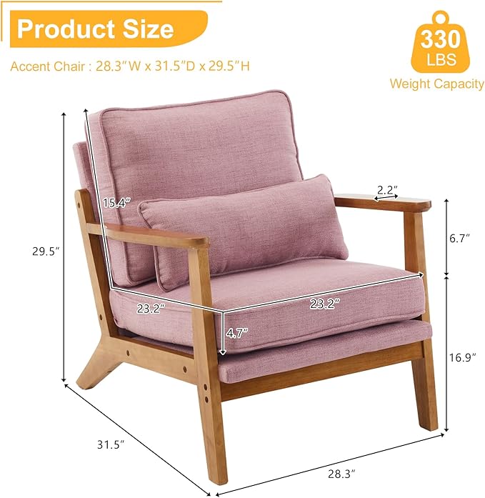 Karl home Accent Chair Wide Armrest Mid-Century Lounge Chair Linen Fabric Armchair with Lumbar Pillow & Solid Wood Frame for Living Room, Bedroom, Balcony, Pink