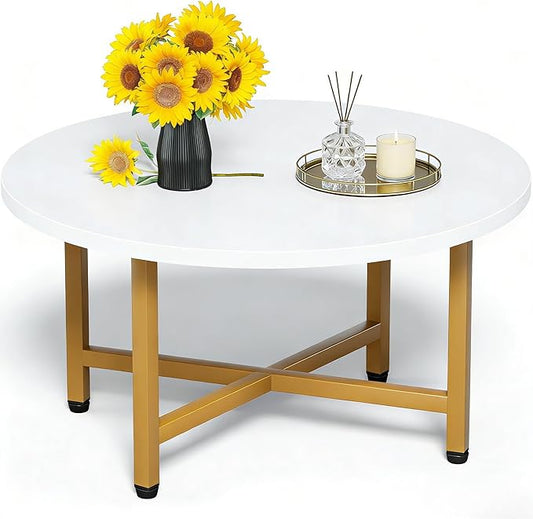 Coffee Table, 23.6" Small Coffee Tables, Gray Round Coffee Tables for Living Room, Floor Table for Sitting on The Floor, Center Coffee Table with Metal Frame for Office Apartment Home, Gold
