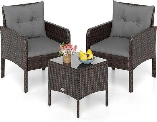 Tangkula 3 Pieces Patio PE Wicker Furniture Set, Outdoor Bistro Conversation Set with Cushions and Tempered Glass Coffee Table, Outside Rattan Table and Chairs for Porch (Gray)