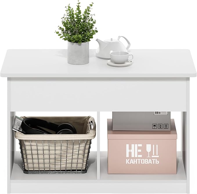 Furinno Jensen Living Room Lift Top Coffee Table with Hidden Compartment, Solid White