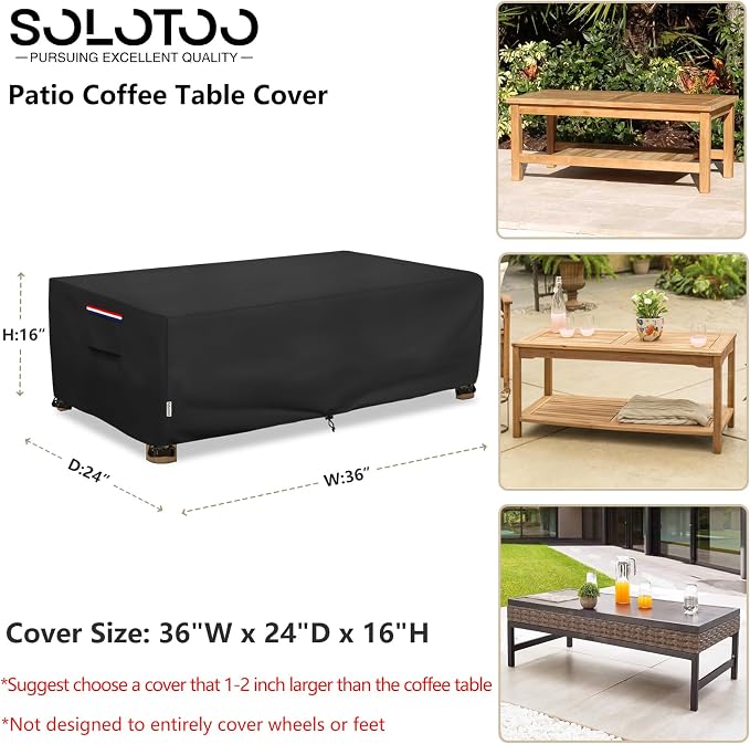 Outdoor Coffee Table Cover Waterproof, Heavy Duty Patio Rectangular Side Table Covers, 36W x 24D x 16H Inches Outdoor Tables Cover (Black) - Image 3