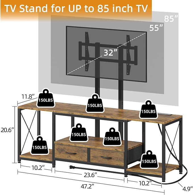 GYIIYUO LED TV Stand with Mount and Power Outlet & Fabric Drawers for 32-85 Inches TV - Entertainment Center and Corner Tv Stand for Living Room, Bedroom- 47" Rustic Brown (Max VESA 600mm × 400mm | with Mount, Power Outlet, Fabric Drawers, 32-85 Inches TV - Image 2