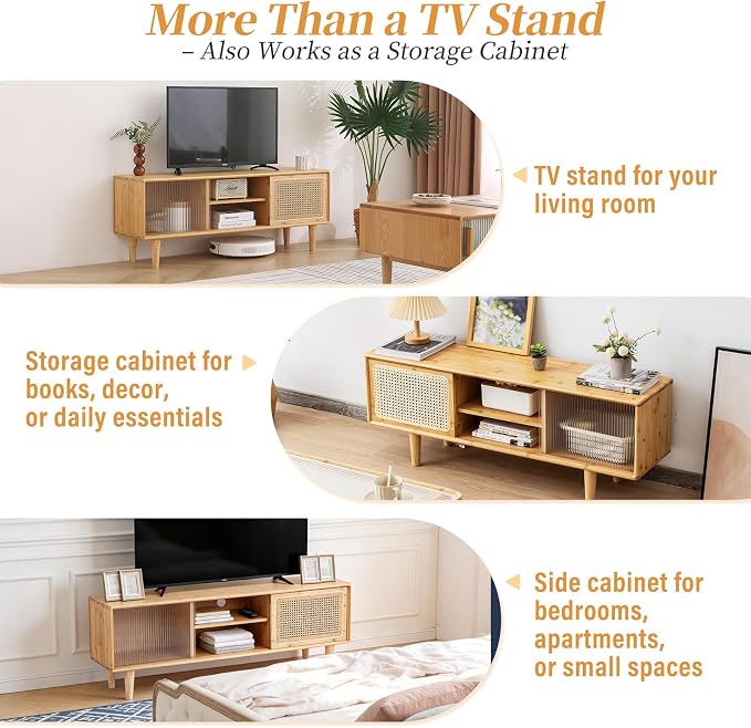 Tiita Rattan TV Stand for 55 Inch TV, Bamboo TV Cabinet with Adjustable Shelf and Storage, Boho Entertainment Center, Mid Century Modern Media Console for Bedroom, Living Room, Study (Natural) - Image 10