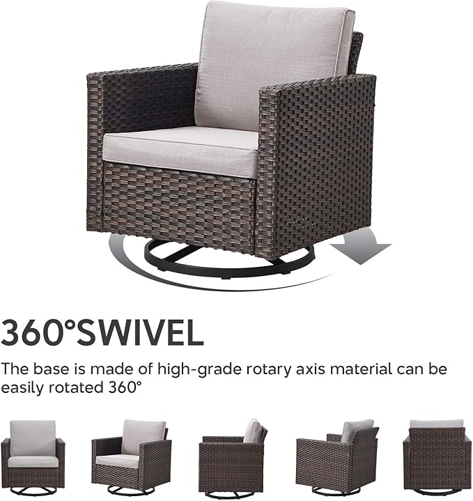 Outdoor Swivel Rocker Chairs Set of 4 with Fire Pit Table - 5 Peice Wicker Patio Furniture Set Conversation Set with 50,000 BTU Fire Pit for Deck Backyard - Brown Wicker Beige Cushion