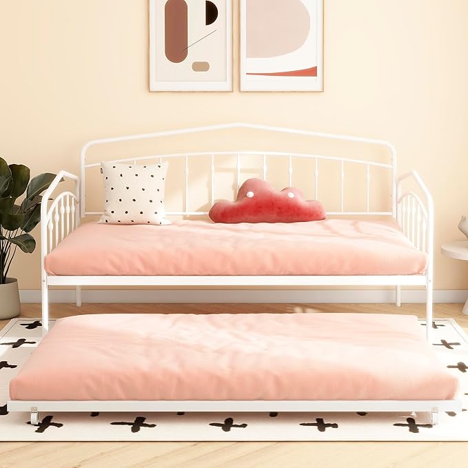 GDFStudio Twin Daybed with Trundle,Metal Sofa Bed Set,Rollaway Daybed Couch Bed Frame for Bedroom Living Room Guest Room White