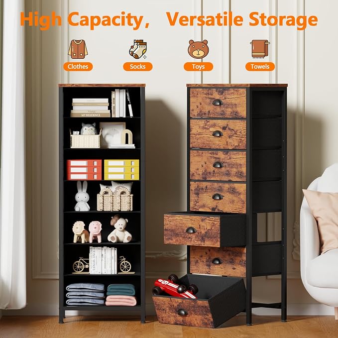 Furnulem Bedroom Dresser with 7 Drawers,Tall Industrial Fabric Chest of Drawers, Vertical Storage Tower Bedside Furniture in Living Room,Closet,Entryway-Sturdy Steel Frame(Rustic Brown) - Image 4