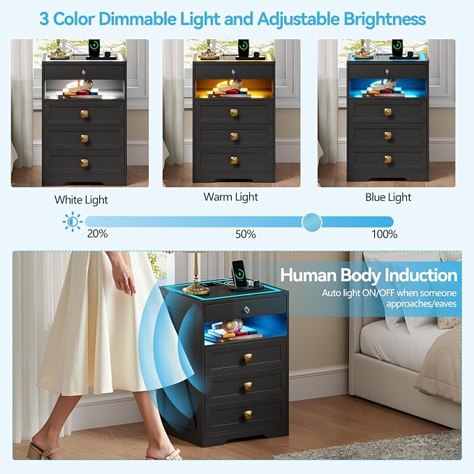 WOOVIVS LED Night Stand with Gun Drawer for Bedroom, Modern Nightstand with Wireless Charging Station for Livingroom(Black) - Image 5
