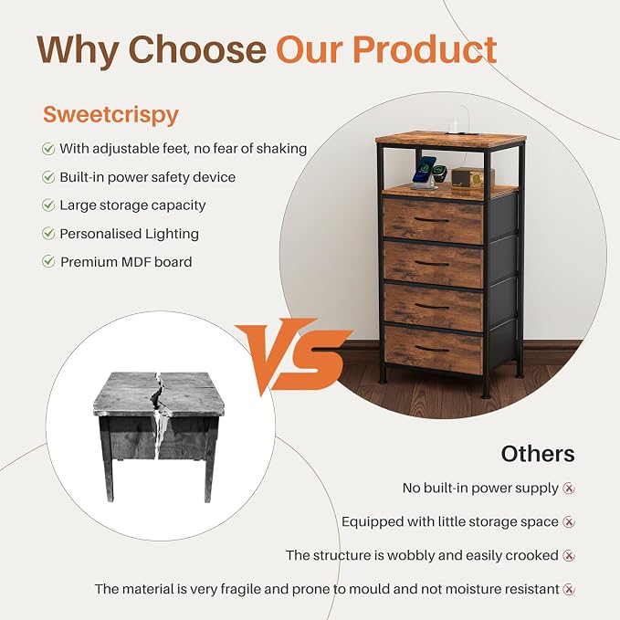 DUMOS Nightstand with Charging Station, Bedside End Table with 4 Fabric Drawers & USB/Type-C Ports and Outlets, Night Stand for Bedroom Furniture, Adjustable Feet and Variable Light Strip, Rust - Image 8