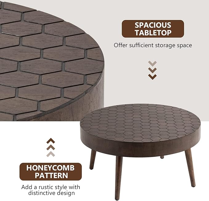 COSIEST Round Coffee Table Set of 2, Nesting Tables with Honeycomb Pattern, Modern End Table for Living Room, Farmhouse, Brown