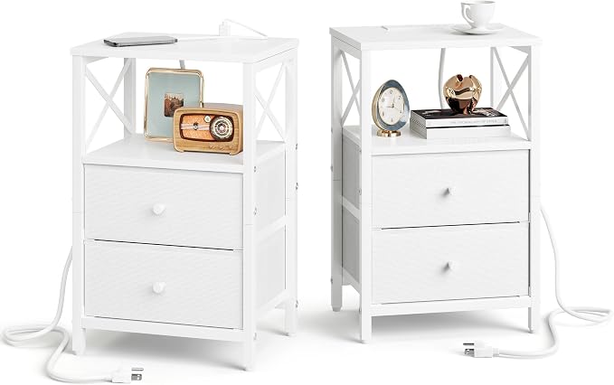 Nightstand Set of 2, Nightstands with Charging Station, Small Bedside Table with Storage Shelf, End Table with USB Ports & Outlets, with Fabric Drawers, for Couch, Bedroom(White) LET105W-2 by Unknown