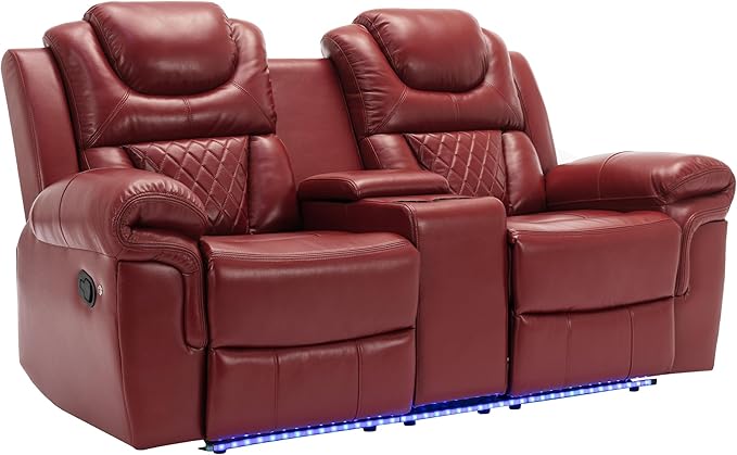 ERYE 73-Inch Oversized Manual Reclining Sofa with LED Strip and Cupholders for Living Room Home Theater, Multifunctional Faux Leather Loveseat Manual Recliner Couches | Storage Console