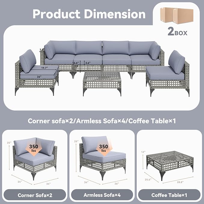U-MAX 7-Piece Patio Furniture Set with Tea Table, Boho Outdoor Furniture Set Sectional Sofa Wicker Conversation Set with Dark Brown Rattan&Dark Grey