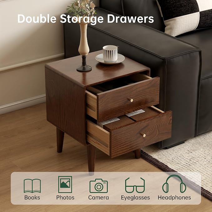 100% Solid Oak Wood Night Stand Set 2, Walnut Nightstand with 2 Drawers, Mid Century Modern Nightstands, Small Bedside Table for Bedroom(19.69" H) - Image 4
