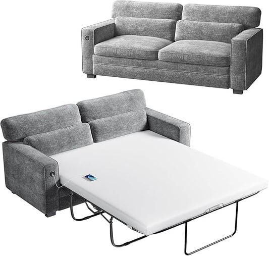 Marsail Pull Out Sofa Bed, Queen Size Sleeper Sofa with Memory Foam Mattress, 2 USB Charging Ports & Removable Covers, Chenille Loveseat Couch for Living Room, Apartment, Light Grey