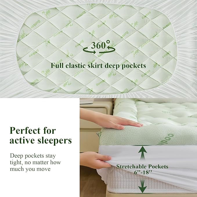 Queen Mattress Topper, Viscose Derived from Bamboo Thick Pillow Top Mattress Pad with Deep Pocket, Naturally Cooling for Hot Sleepers, Soft for Back Pain Relief, Premium Green