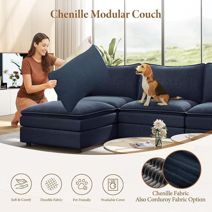 Vesgantti 108" U Shaped Sectional Couch, Deep Seat Cloud Modular Sectional Sofa with 2 Ottoman, Modern Chenille Cloud Sofa Height Adjustable for Living Room, Bedroom and Apartment, Blue