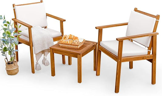 Greesum 3 Piece Bistro Patio Furniture Outdoor Chat Chair Set with Water Resistant Cushions and Coffee Table for Beach Backyard Garden, Beige