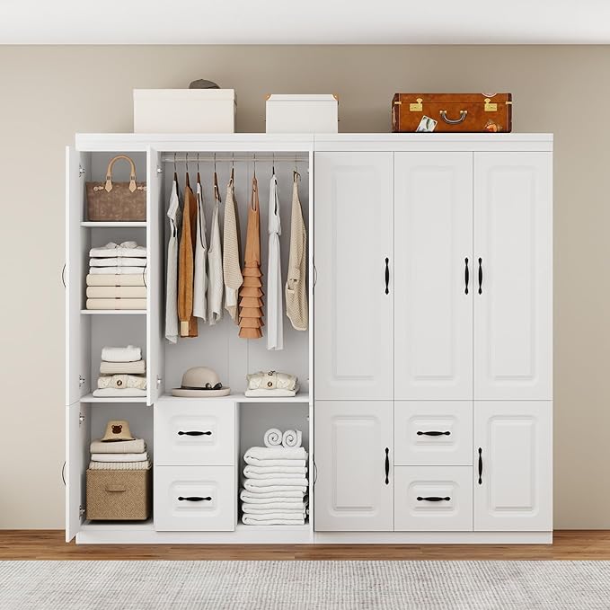 Armoire Wardrobe Closet with 2 Doors, White Cabinet with 2 Drawers and Clothes Storage Organizer, Modern Style with Hanging Rod Shleves Suitable for Bedroom(47.24" W x 20.47" D x 70.87" H)