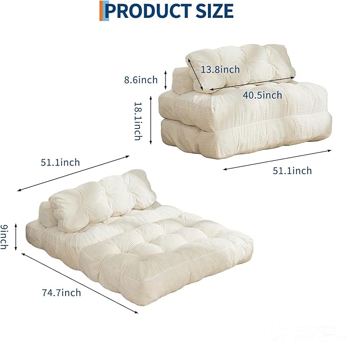 Folding Sofa Bed with Back Support, Convertible Sleeper Chair with Pilow Foldable Matress, Portable Fold Out Chair Bed Comfy Floor Sofa Lounge for Living Room Bedroom, Beige, Double