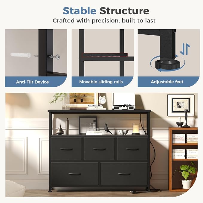 DUMOS TV Stand, Dresser with 5 Fabric Storage Drawers, Media Console Featuring Open Shelf, Fabric Storage Cabinet with Charging Station, Compact Entertainment Unit for Bedroom, Living Room, Black - Image 6