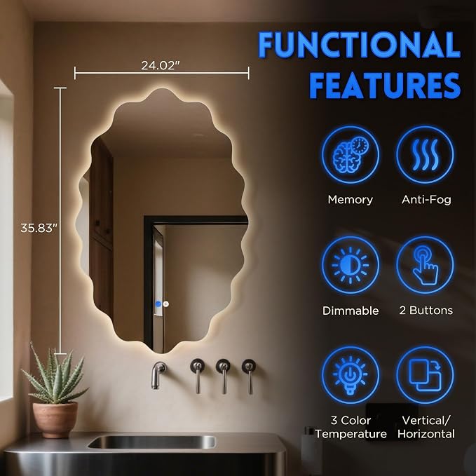 Oval Wavy Led Bathroom Mirror- Vanity Mirror with Lights IP54 Enhanced Anti-Fog,Single Piece 24"x36" 3 Colors Dimmable, Memory,Tempered Glass,UL Listed - Image 4