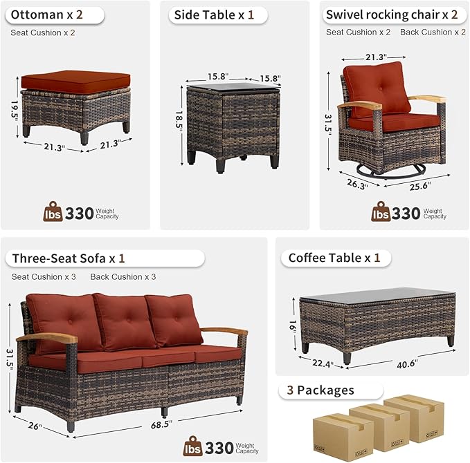 MEISSALIVVE 7 Pieces Patio Furniture Sets,Wicker Patio Conversation Sets with 2 Wood Armrests Swivel Glide Chairs, 2 Ottoman, 3-seat Sofa and Coffee Table (Red)