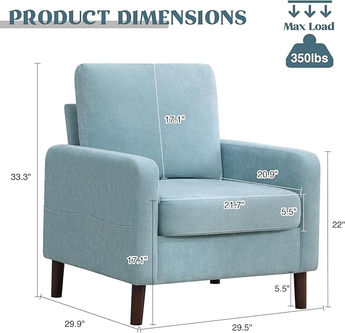 Accent Chair for Living Room, Modern Reading Chair for Bedroom, Upholstered Armchair with Wood Legs and Side Pockets, Single Sofa Side Chair for Office, Small Room, Apartment, Teal Green
