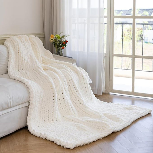 Chunky Knit Blanket - Luxury Soft Cozy 80 * 90 Throw Blanket,100% Woven Blanket Rope Knot Throw Blanket for Couch, Sofa, Home Decor, Gift - Machine Washable (Ivory White, 80 * 90)