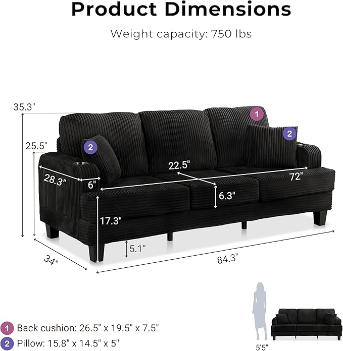 Homes: Inside + Out Reese Modern Plush Chenille Couch with Side Pockets, Cup Holders and USB Ports, Wooden Comfortable Sofa for Living Room, Bedroom and Office, Black