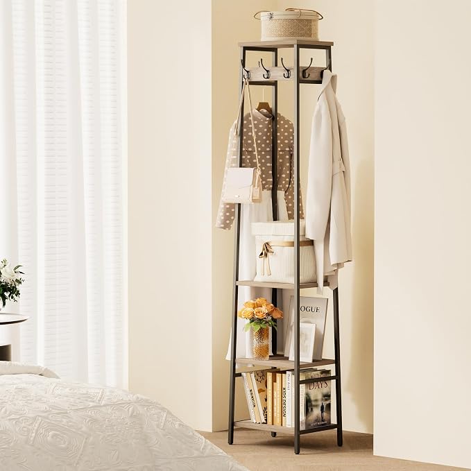 Coat Rack Freestanding, Coat Stand with 3 Shelves and 7 Hooks, Hall Tree Free Standing, Clothes Rack Stand Organizer, Industrial Style, Greige and Black - Image 2