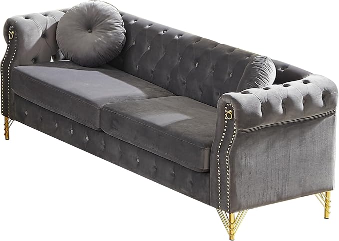 ERYE 82-Inch Button Tufted Sofa Couch with 2 Round Pillows, 3 Seat Velvet Tufted Sofa Spacious Chesterfield Loveseat Couches W/Nailhead Decor,Ring Accent & Golden Legs