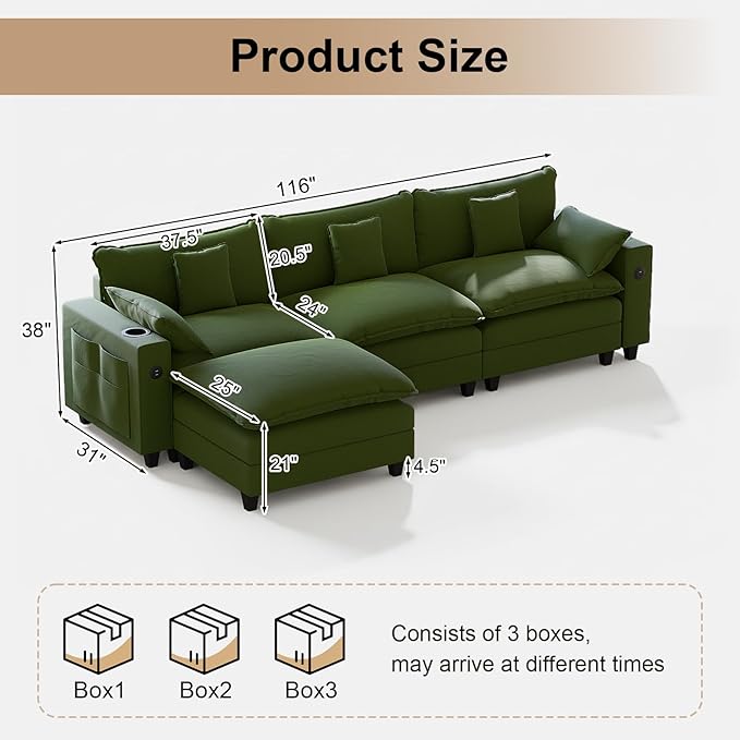 116" Modular Sectional Sofa, L Shaped Cloud Couch with Movable Ottoman, Chenille Deep Seat Cloud Sofa with Charging Station, Cup Holder, Side Pocket, Sectional Couches for Living Room, Green