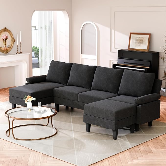 Sectional Couches for Living Room Furniture Sets, 4 Seat L Shaped Couches with Ottoman, Modular Sectional Sofa for Apartment Furniture Sets, Linen Black