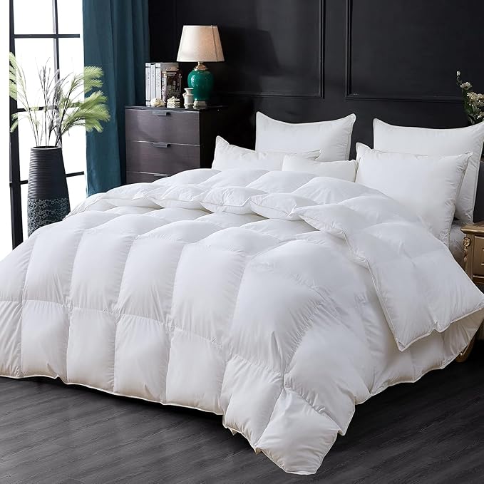 Luxurious Goose Down Feather Fiber Comforter Duvet Insert, Plain Solid Design,White 98 x 98, Premium Baffle Box 100% Egyptian Cotton, 70 oz Fill Weight,Oversize Queen